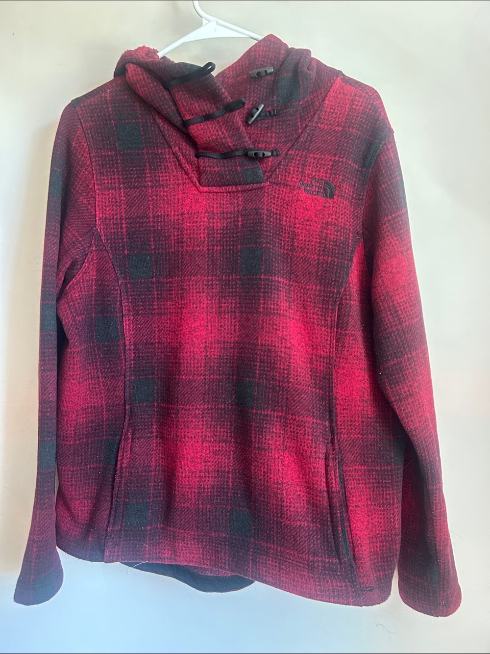 The North Face Red and Black Plaid hooded Pullover Sweater women’s large